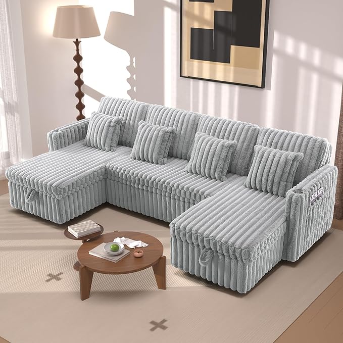 107" Sectional Sleeper Sofa with Pull Out Bed, Comfy Fluffy Plush Corduroy Cloud Sectional Couches for Living Room, U Shaped Modular Couch with Storage Chaise, Cup Holder & USB Charger, Grey