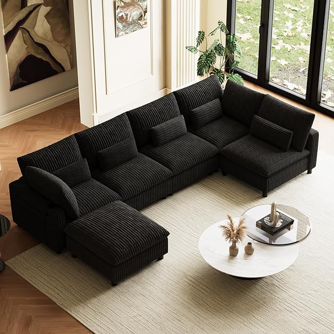 130" W x 67" D U Shape Sectional Sofa with USB Charging & Cup Holder & Storage, 6 Seater Plush Corduroy Couches with Movable Ottoman, Cloud Couch Sofas for Living Room, DIY Combination - Black
