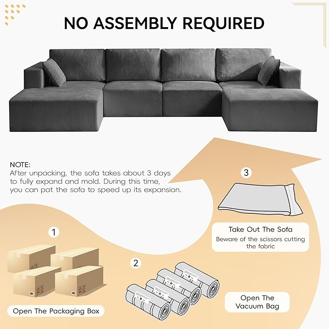 146'' Oversized Boneless Sofa, 4 Seater Modular Sectional Couch with 2 Moveable Ottoman, U Shaped Corduroy Convertible Sleeper Sofa with Chaise for Living Room, Grey