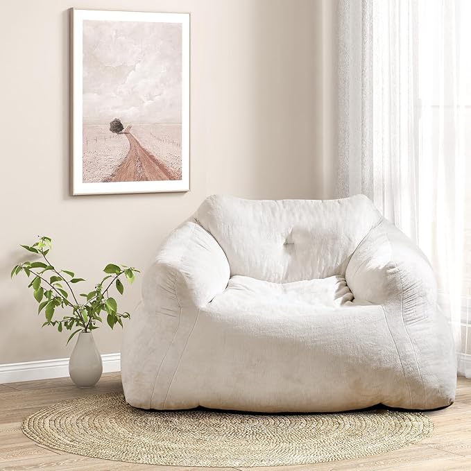 GOFLAME Bean Bag Chair for Adults, Giant Beanbag Chair with Soft Velvet Cover, Sponge Filling & Non-Slip Base, Lazy Floor Sofa for Living Room, Bedroom, Reading Room, Beige
