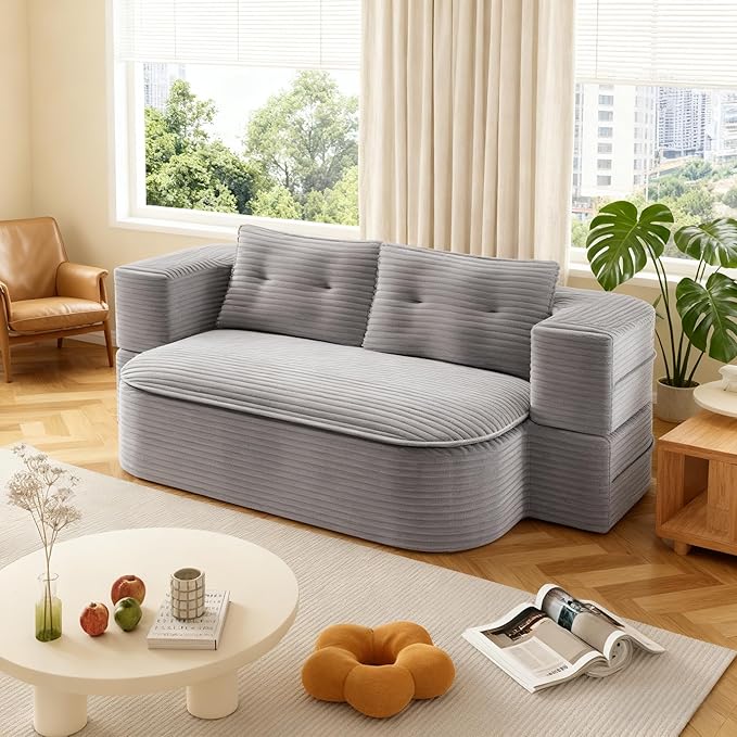 79" Foldable Floor Couch, 2-Seat Convertible Sleeper Sofa with Blanket and 2 Soft Pillows, Corduroy Fabric, for Living Room, Bedroom, Apartment, No Assembly Required, Light Grey