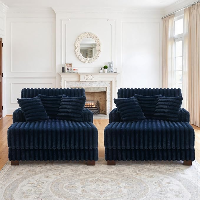 UIXE Chaise Lounge Chairs Set of 2, Oversized Indoor Sleeper Chair with 2 Cup Holders, Faux Fur Upholstered Sofa Bed Comfy Recliner for Living Room, Bedroom, Apartment - Navy