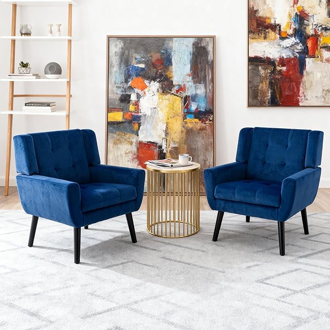 OO BY ORANGE ONLINE Set of 2 Velvet Accent Chair, Mid-Century Modern Tufted Armchair for Living Room, Bedroom & Office (Royal Blue)