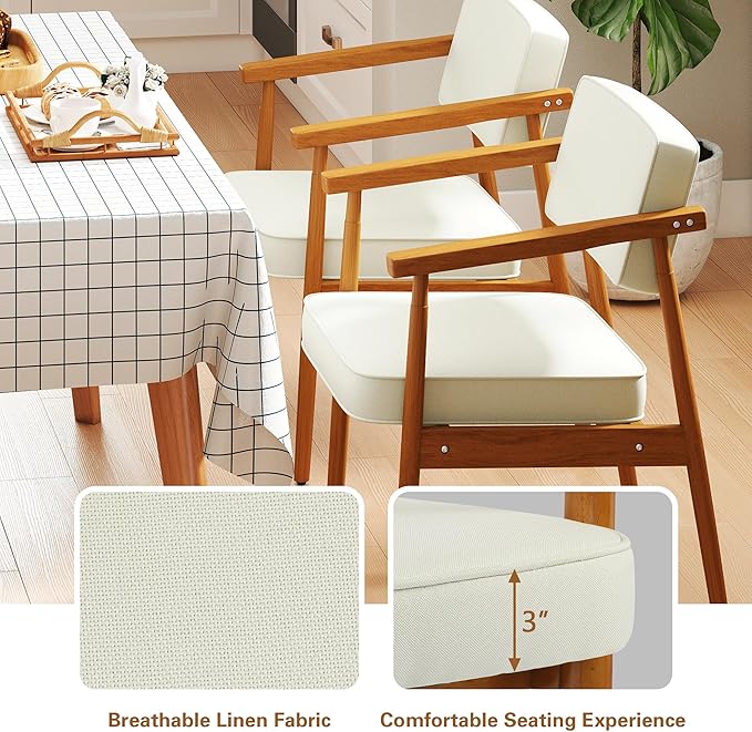 LSSPAID Mid Century Dining Chairs Set of 1, Beige Linen Fabric Upholstered Armchair with Wooden Handrail, Comfy Backrest Modern Kitchen Chairs for Bedroom Living Room Dining Room