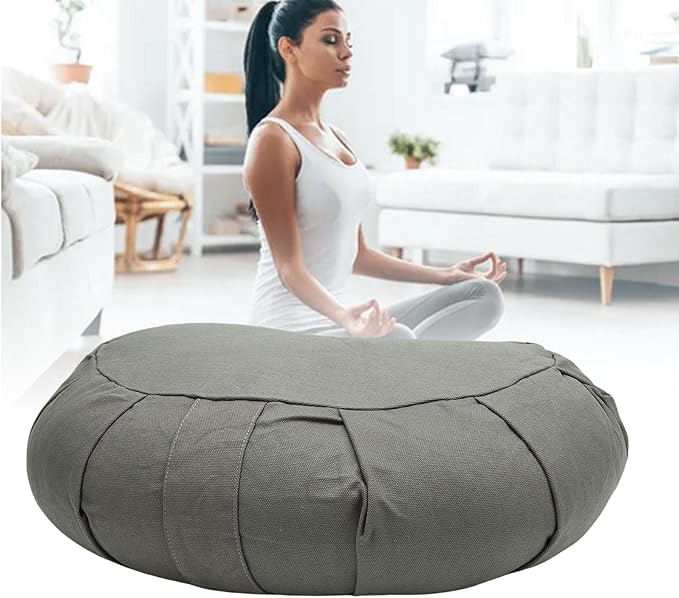 Semme Half Moon Meditation Cushion, Buckwheat Hulls Filled Yoga Pillow with Cotton Cover, for Floor Seating Mat Practice Home Office Outdoor (Gray)