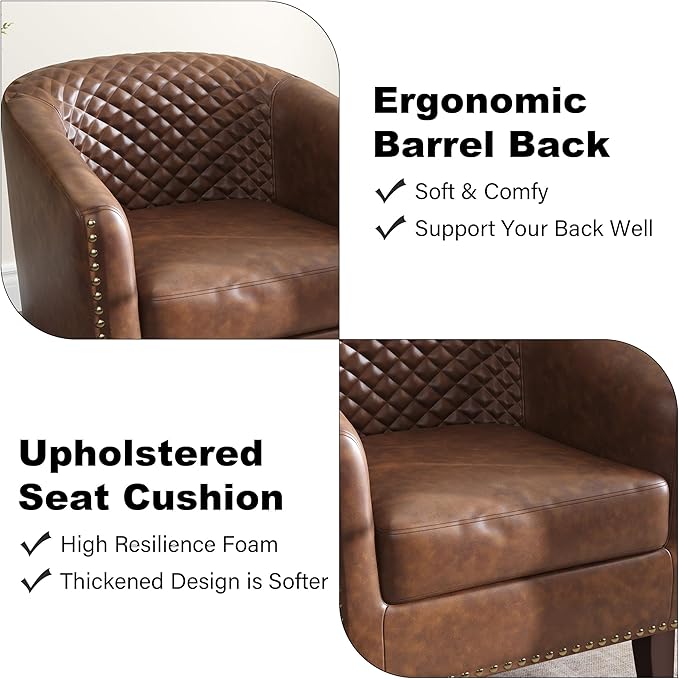 DREAMSIDEA Accent Barrel Chair, Upholstered Faux Leather Club Chair with Nailed Trim, Comfy Reading Armchair for Living Room Bedroom Reception Room Office (Brown, Set of 2)
