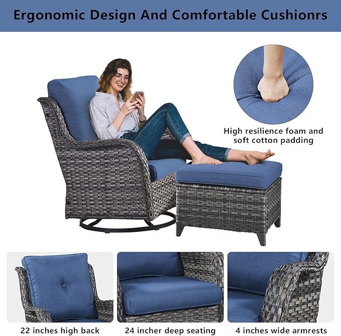 Belord 5 Piece Outdoor Patio Furniture Set - Wicker Furniture Patio Conversation Set, Outdoor Swivel Rocker Chairs with 3-Seater Sofa and 2 Ottomans for Small Space, Blue Cushion