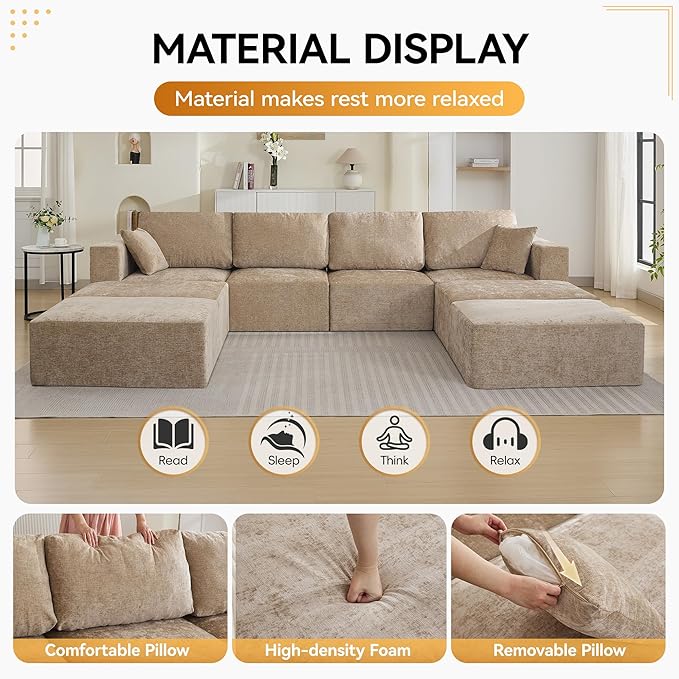 146'' Oversized Boneless Sofa Bed, 4 Seater Modular Sectional Couch with 4 Movealbe Ottoman, No Asswmbly Chenille Compression Sofas with Chaise for Home House, Camel