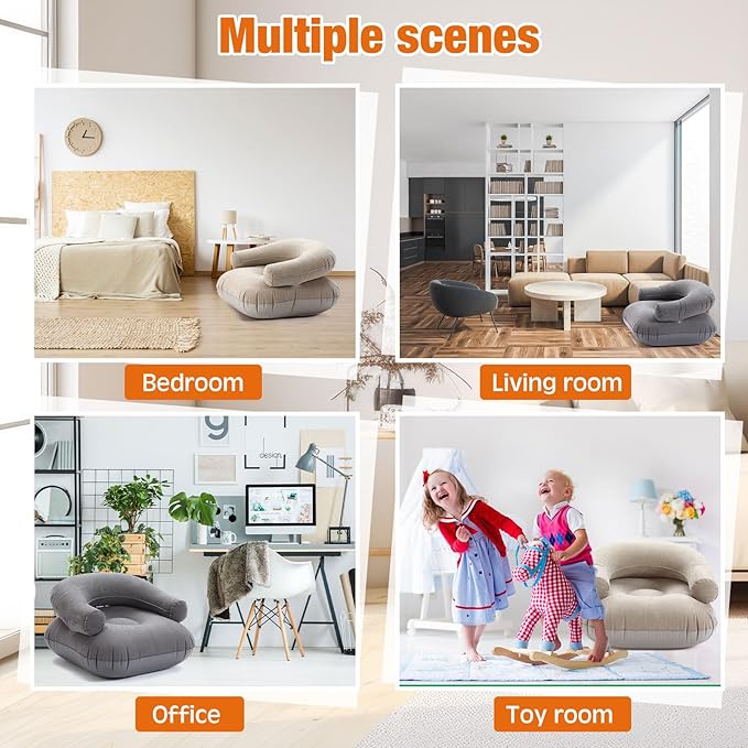 Threehoney 2 Pcs Inflatable Lounge Chair Deck Chair Lazy Sofa, Blow Up, Folding, Portable Couch for Home, Office Balcony, Floor Seating (Beige,Dark Grey)