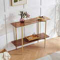 Pine Flicker Rectangle Glass Console Table, Mid-Century Modern Design, L41*W14*H32 inch, for Living Room, Amber Glass Top and Walnut Finish Wood Shelf, Conical Metal Legs with Gold Finish