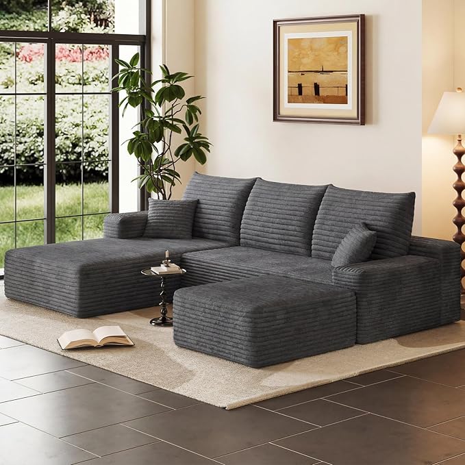 95" Cloud Sectional Couch with Ottoman,Modern U-Shaped Cloud Couch with Deep Seat,Comfy Corduroy 3-Seater Sofa,Memory Foam Sofa for Living Room,No Assembly (Dark Gray,Left-Facing Chaise)