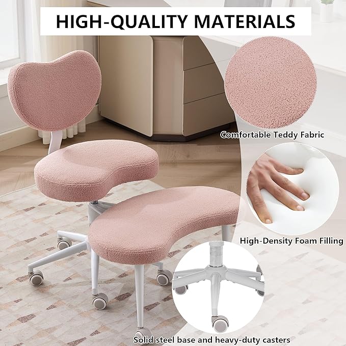 Meditation Chair with Lumbar Support,360° Swivel Cross Legged Chair with Wheels, Ergonomic Cross Legged Office Chair for Adults with ADHD, Height-Adjustable Yoga Chair, Teddy Fabric, Pink