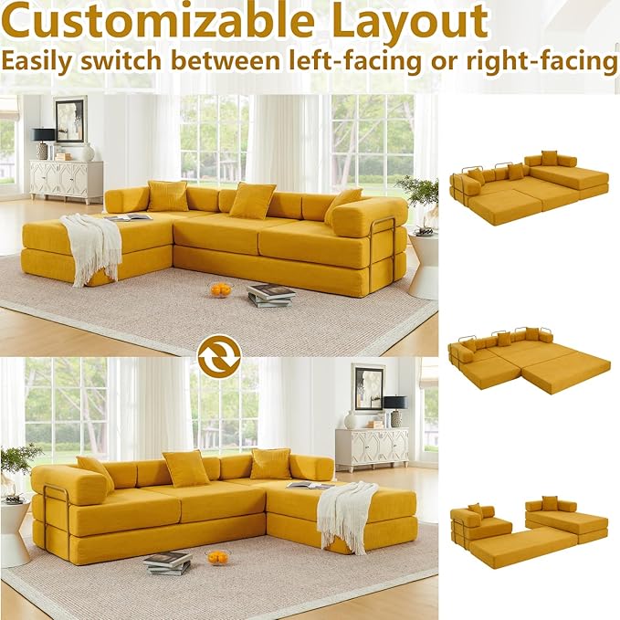 HANXIN 108" Modular Sectional Sofa,Futon Convertible Sofa Bed,Oversized Corduroy Boneless Couch for Living Room,Floor Loveseat Sleeper with Pull Out Bed,Free Combination,No Assembly Required (Yellow)
