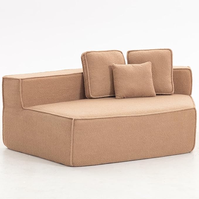 EPOFIT 1-Seater Teddy Fleece Modular Sofa Chair, Low-Profile Floor Seat with Wide Cushion and All-Foam Support, Right-Facing Design, Compressed Packaging – Brown