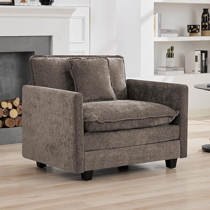 WUTUTUEE 41'' Modern Chenille Oversized Chair, Upholstered Accent Living Room Chair with Extra Thicked Deep Seat, Single Lounge Chair for Bedroom, Small Apartment, Brown