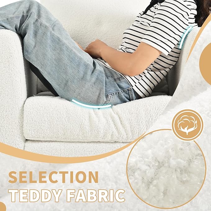 QKFF Barrel Accent Chair with Back Pillow, Large Teddy Upholstered Armchair with Solid Wood Legs Modern Reading Chairs for Living Room Bedroom