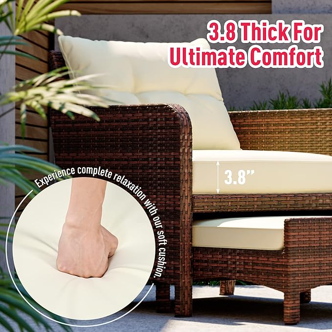 Pamapic 5 Pieces Outdoor Patio Wicker Chairs Set with Ottoman, Outside Conversation Furniture Set with Cushions and Coffee Table for Balcony Porch Lawn Garden (Cream Cushion+ Umber Rattan)