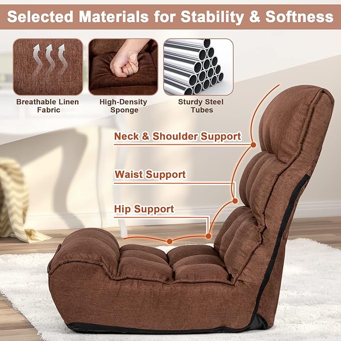 MAT EXPERT Folding Floor Chair, Floor Gaming Chair w/ 4-Position Backrest, 5-Position Adjustable Headrest, Side Pocket, Indoor Floor Chair w/Back Support for Bedroom, Living Room (Coffee)