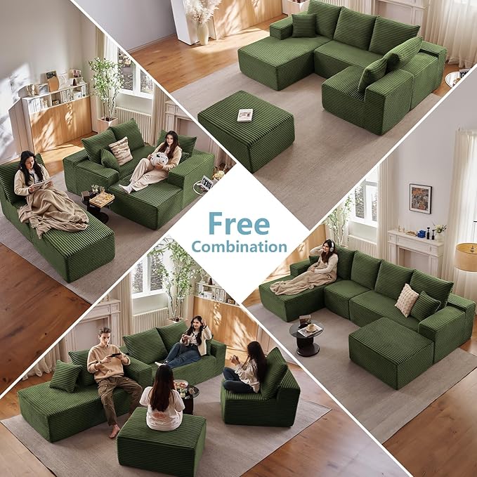 135.4" W Cloud Sectional Couch with Ottoman,Modern U-Shaped Cloud Couch with Deep Seat,Comfy Corduroy 4-Seater Sofa,Memory Foam Sofa for Living Room,No Assembly (Green,Right-Facing Chaise)