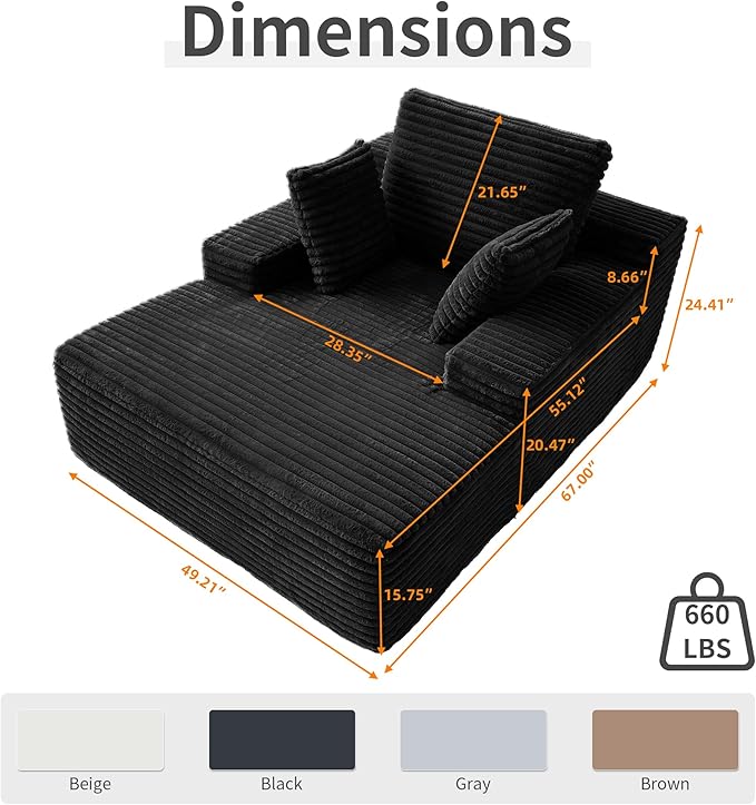 WJShome Oversized Chaise Lounge Chair Indoor, Plush Corduroy Boneless Sofa Bed, Cloud Reading Chair with Throw Pillow for Living Room (Black)