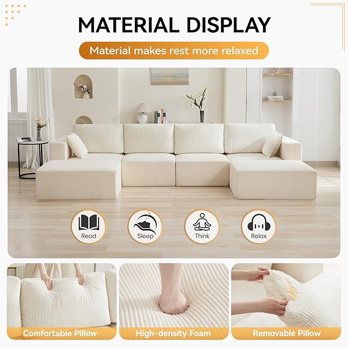 146'' Oversized Boneless Sofa, 4 Seater Modular Sectional Couch with 2 Moveable Ottoman, U Shaped Corduroy Convertible Sleeper Sofa with Chaise for Living Room, Beige
