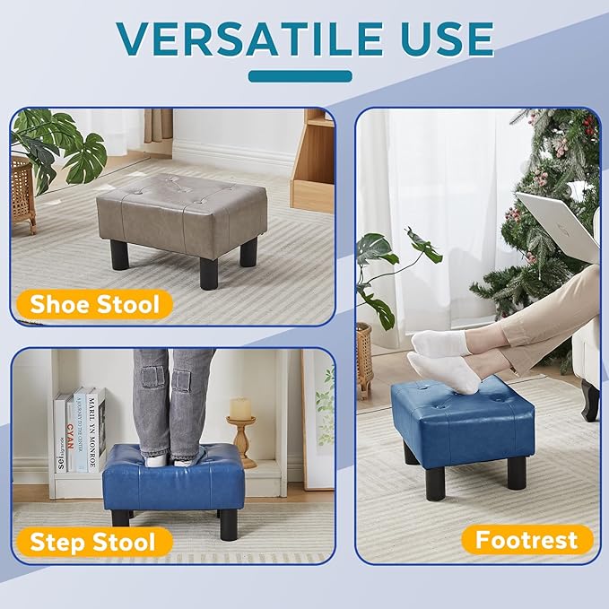 FIMIVIBI Small Foot Stool Ottoman, Faux Leather Footstool Ottoman Foot Rest for Couch, Rectangle Footstools and Ottomans Small for Living Room, Entryway and Bedroom (Blue)