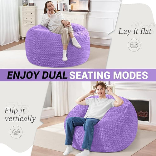 3FT Bean Bag Chair,Giant Bean Bag Chairs for Adults,Big Bean Bags with Memory Foam Filled, Large Beanbag Chairs with Chevron Plush Cover-Purple