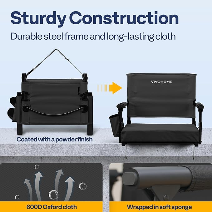 VIVOHOME Stadium Seats with Back Support and Cushion, 2 Pack Portable Bleacher Chairs with Cup Holder and Shoulder Strap