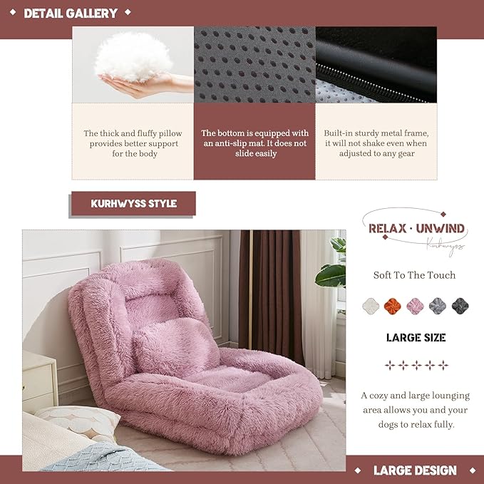 Upholstered Human Dog Bed for Adult & Pets, Convertible Lazy Sofa Bed with 5 Adjustable Position, Comfy Tatami Bean Bag Lounge Chair with 2 Soft Pillows for Bedroom Living Room (Pink Fluffy)