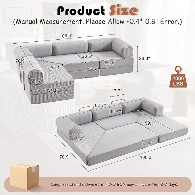 Modular Convertible Sofa Bed 106" L-Shaped with Reversible Chaise, Corduroy Floor Sleeper Boneless Couch, Folding Futon for Living Room, Apartment, Small Spaces, No Assembly Required, Grey