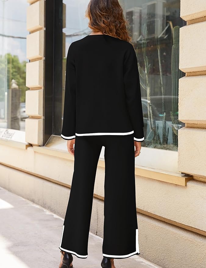 Tanming Women's 2 Piece Outfits Long Sleeve Knit Sweater Top Wide Leg Pants Lounge Sets Tracksuits