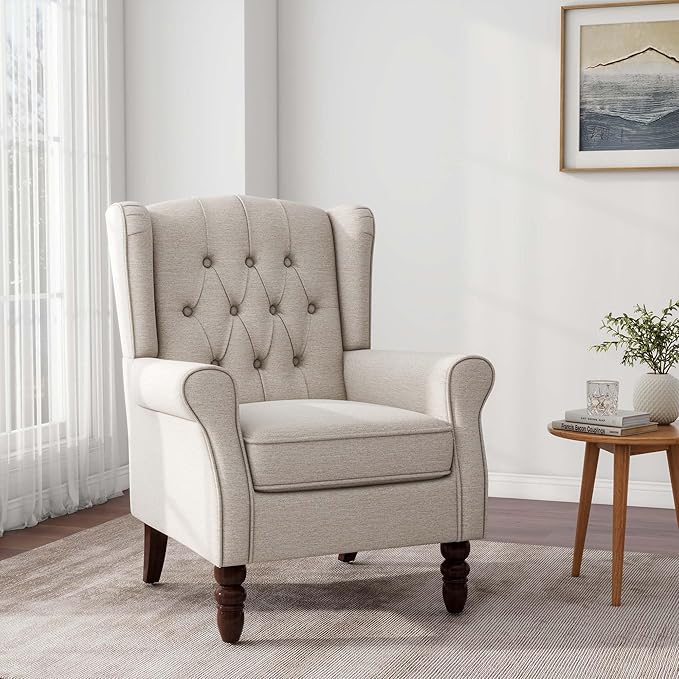 DREAMSIDEA Accent Chair, Upholstered Armchair with Button Tufted High Back & Solid Wood Legs, Comfy Wingback Reading Single Sofa Chair for Small Spaces, Living Room, Bedroom (Beige, Set of 2)
