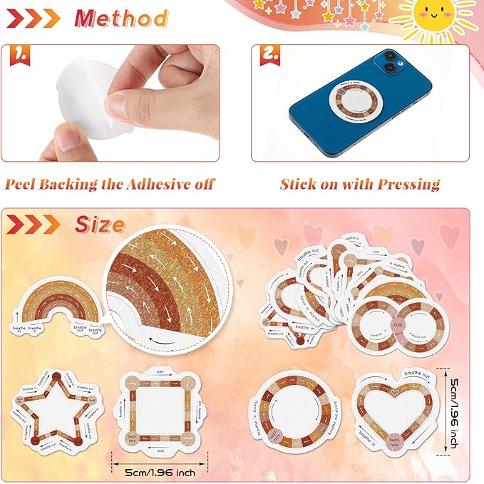 Gersoniel 72 Pcs Anxiety Sensory Stickers Strips Adhesive Textured Mental Health Calm Stickers Mindfulness Fidget Decals Stress Anxiety Relief Items for Therapy Office Desk Counselor(Boho Breathe)