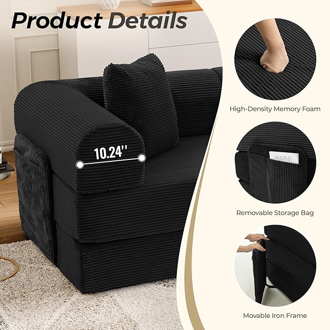 106.3" Oversized Convertible Sleeper Sofa Bed, L Shape Modular Sectional Cloud Sofa with Fixed-Shape Frame, Boneless Couch with Storage Pocket for Living Room, No Assembly Required, Black