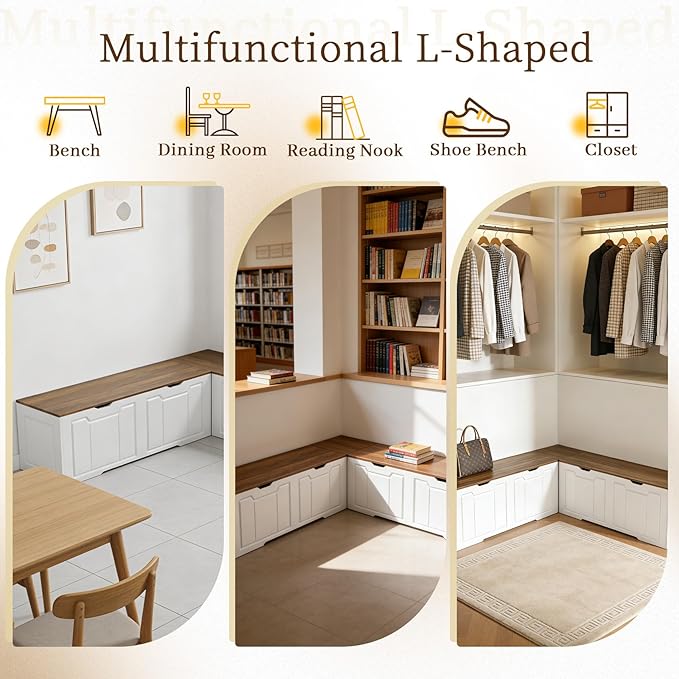 L-Shape Corner Bench with Hidden Storage, 63”Kitchen Corner Nook Bench Seating& Entryway Shoe Bench,Space-Saving Wood Corner Bench for Small Spaces,White, 63"*63"*17.7"