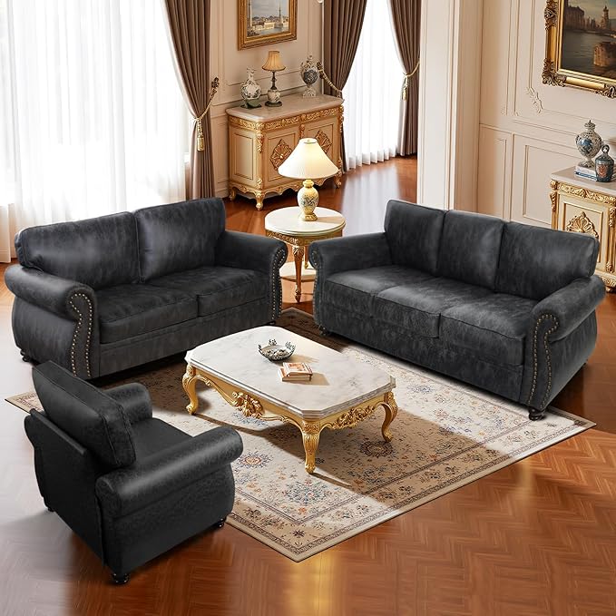 Couchus Mid-Century Vintage Sofa Couches with Rivet Design,loveseat Sofa,Removable Sofa Cover Upholstered Cushions and Solid Wood Frame (Grey, Loveseat)