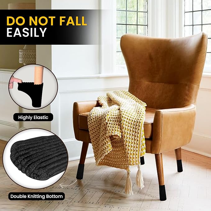 16/24/32 Pcs Black Chair Leg Socks – Premium Furniture Protectors for Hardwood Floors, Non-Slip & High Elastic Fit, Easy-to-Install Bar Stool Covers & Floor Pads