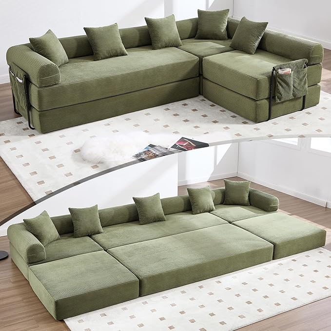 L Shape Convertible Sofa Bed with Cylindrical Pillow and Storage Pocket, Convertible Sofa Couch Bed with Support Frame for Living Room Bedroom Children Room-Oliver Green