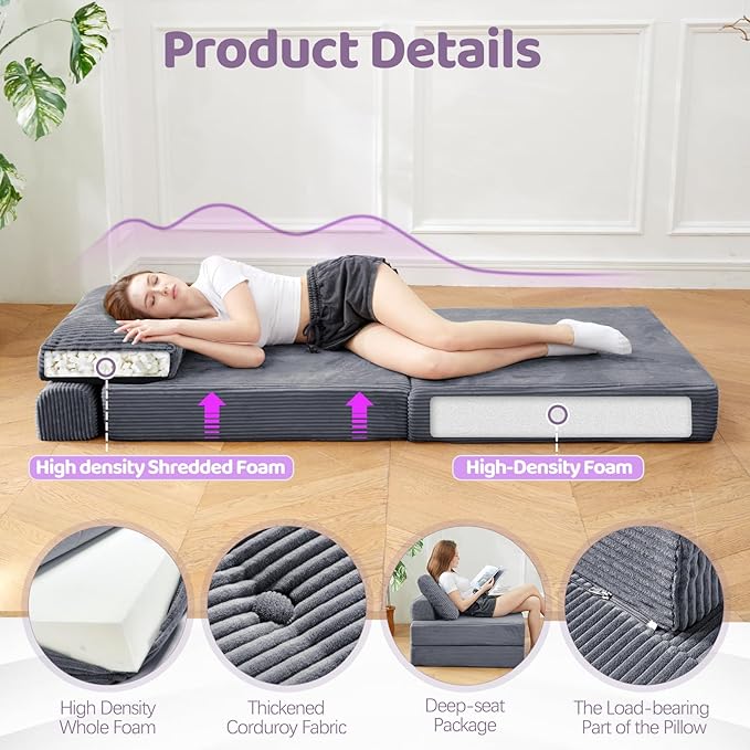 Folding Chair Bed, Convertible Sofa Bed with Backrest and Pillows,Fold Out Chair Bed with High-Density Foam, Perfect for Living Room 、Bedroom、Balcony 、Hotel 、Apartment ， Single, Dark Gray