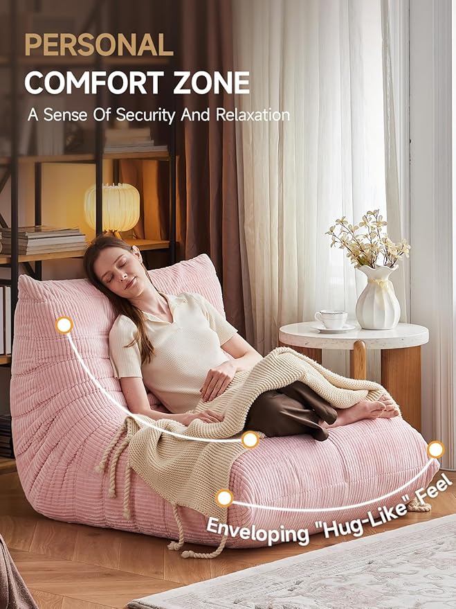 ZCUBED Large Bean Bag Chairs for Adults, Memory Foam Lounge Chair, Soft Corduroy Big Bean Bag Chair Lazy Sofa, Comfy Floor Beanbag Chair Single Sofa for Bedroom Living Room Fireside Book Nook, Pink