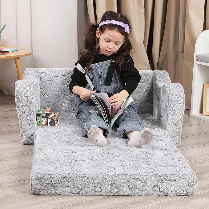 Kids Sofa, 2-in-1 Flip-Out Foam Couch with Soft Sherpa Cover, Cozy Play Lounge Chair, Extra Wide, Glow in The Dark Grey