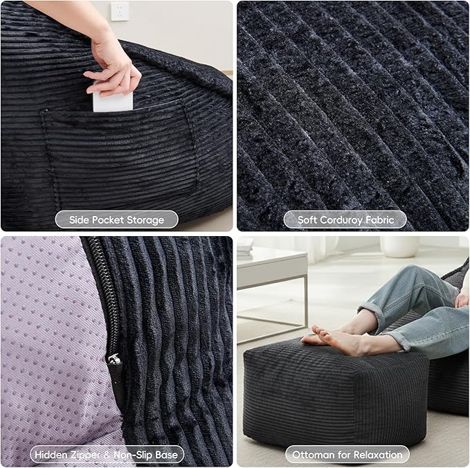 Cloud Bean Bag Chair with Ottoman for Adults, Comfy Corduroy Chaise Lounge Chair with High-Resilience Foam, Boneless Reading Chair for Bedroom & Living Room (Black)