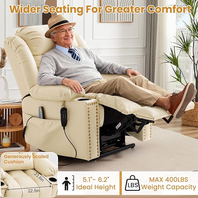 Oversized Power Lift Recliner Chair for Elderly Big and Tall, Dual Motor Heavy-Duty Lift Chair with Heat & Massage, Lay Flat Wide Recliner, USB-C, Cup Holders, Lumbar Pillow, PU Leather, Beige