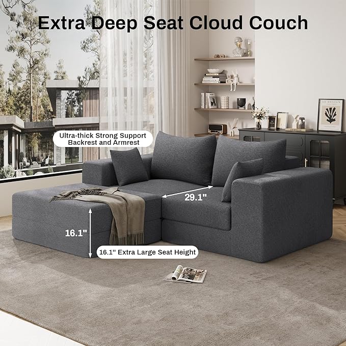 DAMAIFROM 80" Convertible Sleeper Sofa Bed with Soft Pillow, Corduroy Folding Mattress Couch with L-Shape Chaise, Modular Floor Sofa Lounge Couch for Living Room Bedroom Lounge (Grey)