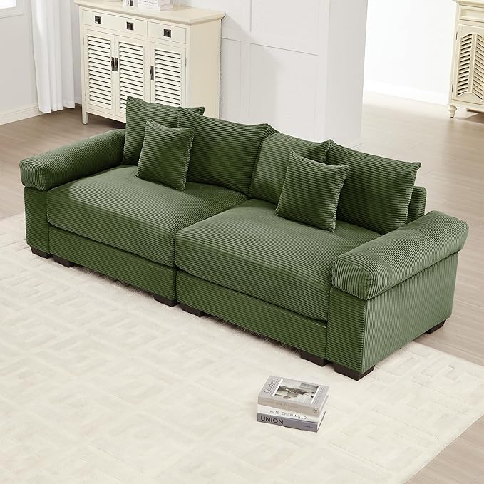 KEIKI 83" Oversized Corduroy Modular Sectional Loveseat Sofa with High-Density Foam Cushions, Extra-Thick Armrest, Upholstered Modern 2-Seater Fluffy Corner Couch with 6 Pillow, for Living Room, Green