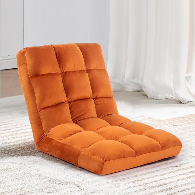 HOMYEDAMIC Floor Chair, 24 inches Wide Oversized Velvet Armless Lay Flat Floor seat Padded Meditation Chair with 6 Adjustable Position Ergonomic Comfortable Convenient(LRSF-007-ORANGE)