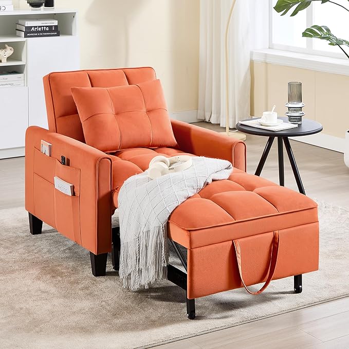 choairy Convertible Sleeper Chair, 3 in 1 Sleeper Chair Bed Pull Out Sofa Bed Chair, Velvet Single Sofa Bed Adjustable Backrest Chair Bed Sleeper for Adults Reading Living Room, Bedroom, Orange