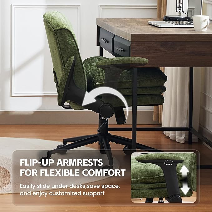 Criss Cross Chair with Flip-up Arms, Wide Criss Legged Chair with 3 Layer Cushion, Ergonomic Office Desk Chair with Wheels, Swivel Vanity Chair for Office, Living Room, Bedroom, Chenille Green