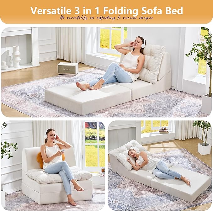 Hobestluk Sofa Couch Folding Sofa Bed Comfy Floor Lounger Convertible Sofa with Removable Cushion Couches for Small Spaces Foldable Mattress for Living Room Bedroom or Office (Chenille Beige, Large)