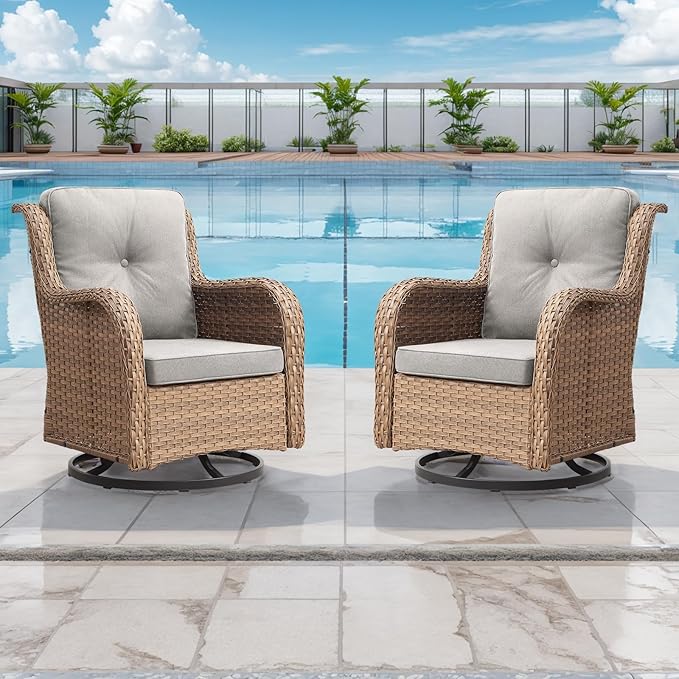 Rilyson Patio Chairs Rocking Swivel Chiar - 2 Piece Outdoor Wicker Furniture Chairs Set Rattan Rocker Chair with High Back and Deep Seating for Porch Deck(Yellow/Beige)